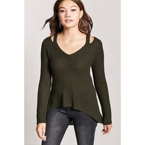 Waffle Sweater with Cutout Neckline